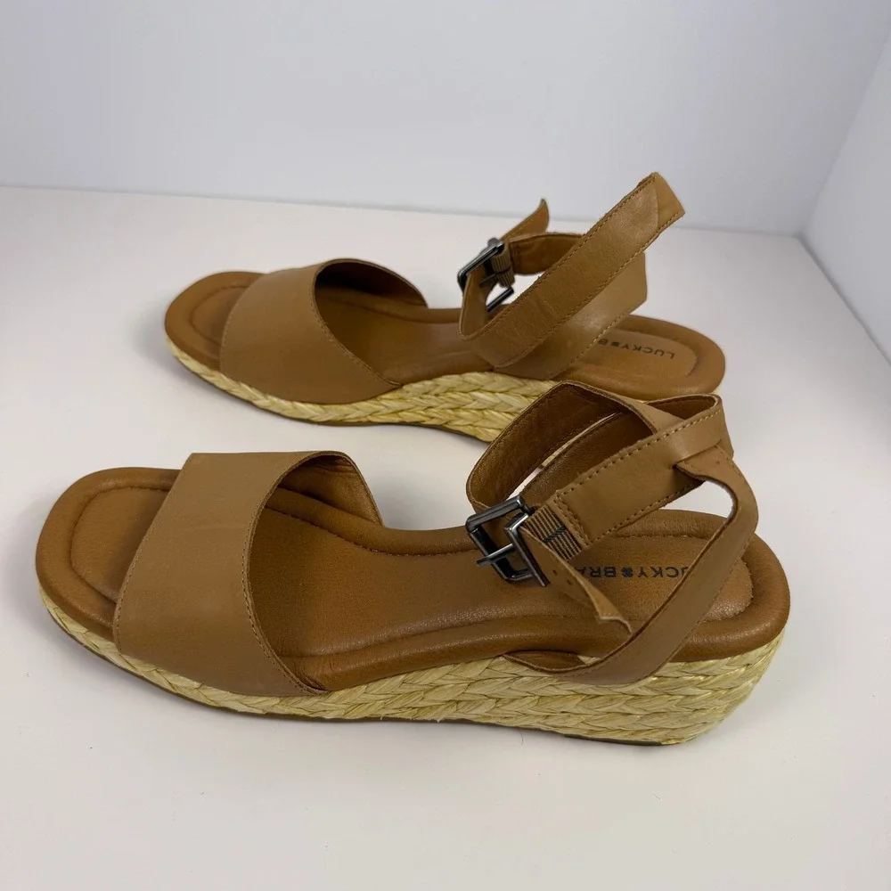 Lucky Brand Boho Minimalist Womens Espadrille Wedge Sandals Tan Leather